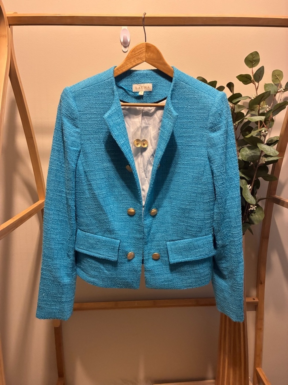 Laura Aura Bright Turquoise Tweed Double-Breasted Blazer
